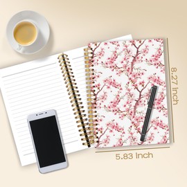 WARDOS Cherry Blossom Spiral Notebook Journal 5.5x8.3, Pink Floral Journal for Women, Japanese Flower Notebook, Cherry Blossom Gifts, Pink Office Supplies