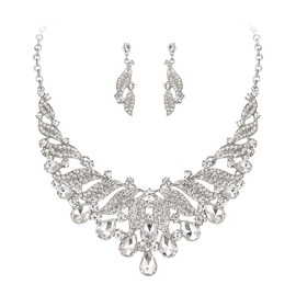 BriLove Crystal Wedding Bridal Jewelry Set for Women, Rhinestone Teardrop Layer Leaf Cluster Statement Necklace Dangle Earrings Sets for Brides Bridesmaid Prom Clear Silver-Tone