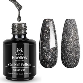 Beetles Black Gel Nail Polish, 1Pcs 15ML Glitter Gel Nail Polish Black Sparkle Reflective Shimmer Color Soak Off UV Lamp Disco Nail Art Manicure Salon DIY at Home Gifts for Her