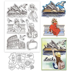 GLOBLELAND Frauen im Urlaub Silikonstempel Metall Stanzformen Malschablonen Für Die Kartenherstellung "Lady Travel" Stempel Stanzformen Sydney Kolosseum Schablonen Set Für Scrapbooking Kunsthandwerk