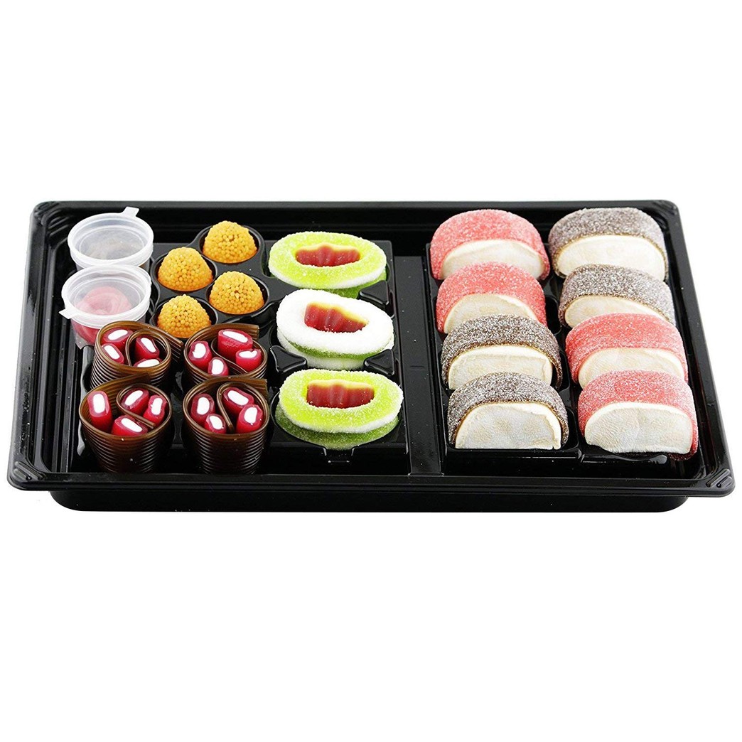 Raindrops Gummy Candy Sushi Bento Box with 5 Kinds of Sushi Rolls and Garnishes - 1 Tray with 21 Sushi Bites of Marshmallows, Licorice, Sour Strips, Gummi Bears and Fish - Fun and Unique Candy Gifts