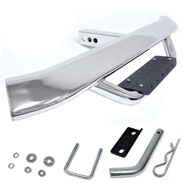 Stainless Steel 36" Triangular Tube w/Dropped-Down Step Anti-Slip Metal Plate Tow Hitch Step w/Hitch Pin & Anti-Rattle Plate fits 2" Receiver SUV Truck Trailer / 350lb Weight Capacity