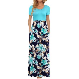 AUSELILY Women's Short Sleeve Loose Plain Casual Long Maxi Dresses for Women 2025 Light Blue L