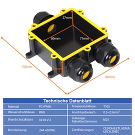 LeMotech Junction Box Waterproof IP68, 3-Way Cable Connector with M25 Thread, Diameter 4 mm - 14 mm Cable Diameter, Distribution Box for Outdoor, Garden, Floor, Black Outdoor (Pack of 1)