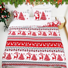 3Pieces Christmas Duvet Cover Queen Set, Red Reindeer Duvet Cover, Christmas Theme Soft Microfiber Duvet Cover with 2Pillowcase, Bedding Queen Size