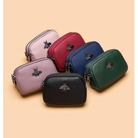 Women's Leather Wallet - Double Zip Bee Change Pouch Wallet Card Holder Coin Bag Mini Simple Cute Coin Bag Useful for Women, black