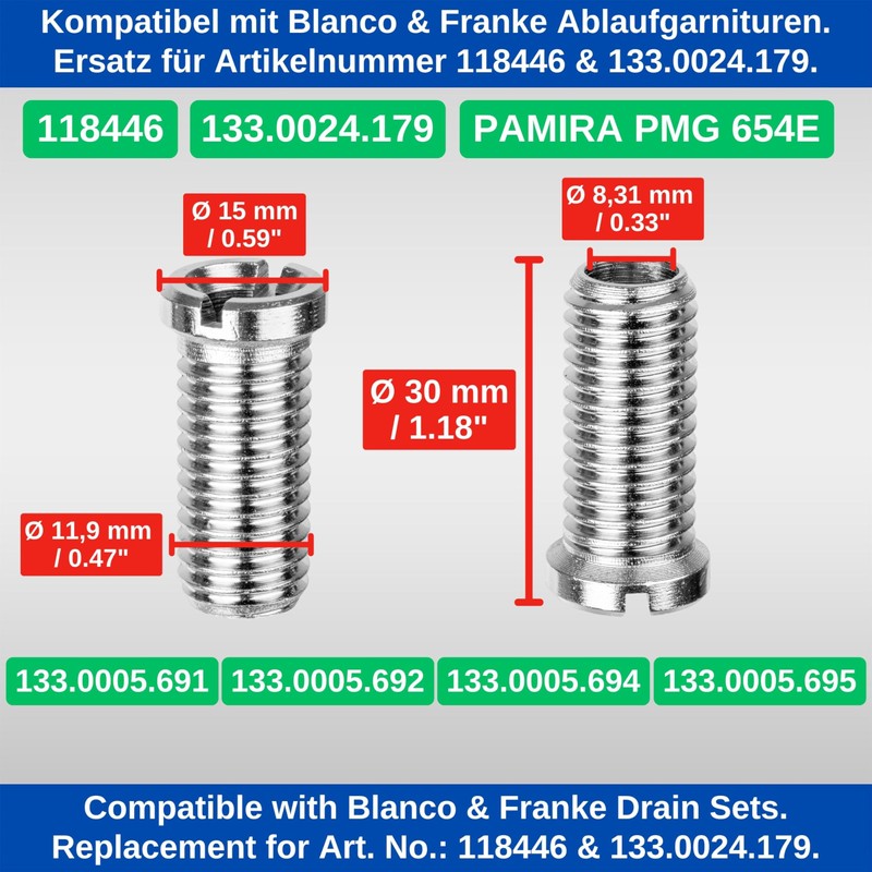 M12 x 1.75 x 30 mm 2 Pieces Compatible Franke