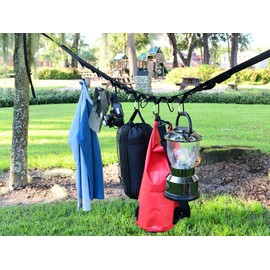 Campsite Storage Strap with 19 Separated Loops for Hanging Camping Equipment, Gear and Supplies | Includes Carabiner Hooks and Clothes Pins | Durable Campground Organizer Holds up to 150 LBS