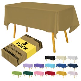 Hereisa Plastic Gold Tablecloths 3 Pack Disposable Table Covers 54 x 108 Inch Golden Table Cloths for Fall Parties Harvest Graduations Anniversary Thanksgivings Weddings