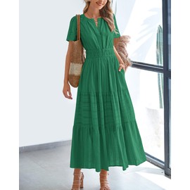 BTFBM Womens Summer 2025 Casual Midi Maxi Dresses Lightweight Short Sleeve V Neck Elastic Waist Boho Beach Dress Pockets(Dark Green, Large)