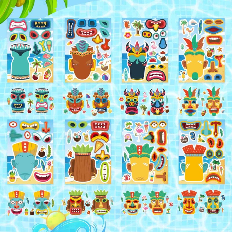 24 Sheets Tiki Make a Face Stickers, Tropical Hawaiian Stickers