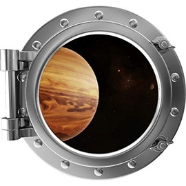 24" PortScape Wall Decal Space Silver Porthole Jupiter & Moons #2 3D Window Removable Wall Sticker Peel & Stick Planets NASA Instant View Wall Art for Boys Bedroom Decor