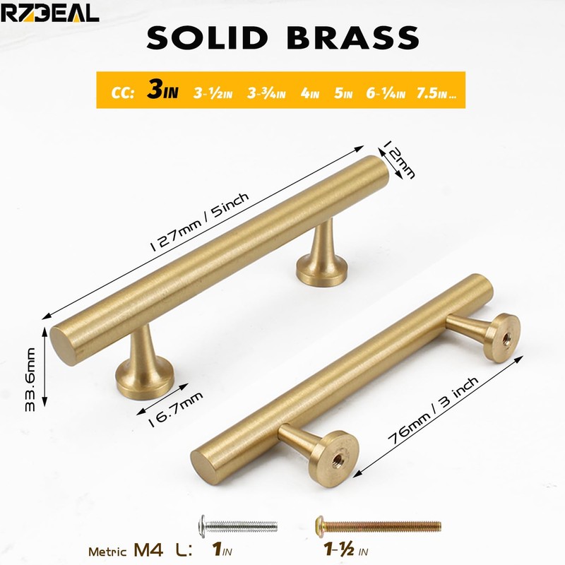 RZDEAL 3 Inch Kitchen Cabinet Handles Solid Brass Cabinet Pulls