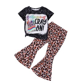 Ayzozuy Kids Toddler Girl Clothes Letter Print Graphic Top + Leopard Print Flare Leg Pants 2PC Summer Clothing Set(4-5T)