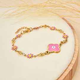 JMTOBETOP 3Pcs Evil Eye Protection Blessing Lucky Bracelet for Women,14K Gold Plated Stainless Steel Amulet Hamsa Hand Bracelets, Compass Heart Cross Four-leaf Clover Wing Charm link Chain Bracelet,