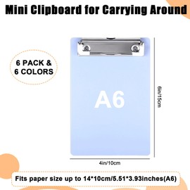 6 Pack Mini Clipboard Macaron Color, Plastic Small Clipboards 4x6in, A6 Letter Size Small Clipboard Pocket Clipboards with Retaining Clips, Memo Size Notepads, Boards for Classroom Restaurants Office
