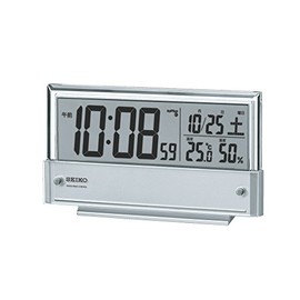 Seiko Clock SQ773S Seiko Alarm Clock, Radio-controlled Digital Calendar, Temperature and Humidity Display, Silver, Metallic