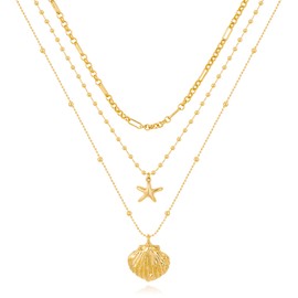 TOVABA Gold Layered Necklaces for Women Cute Shell Charm Simple Starfish Summer Beach Pendant Adjustable Layering Chain Dainty Sea Shell Choker Necklaces Set