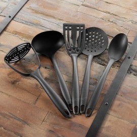 Black 5 Piece Kitchen Utensil Set Nylon Cooking Tools Potato Masher Spoon Ladle