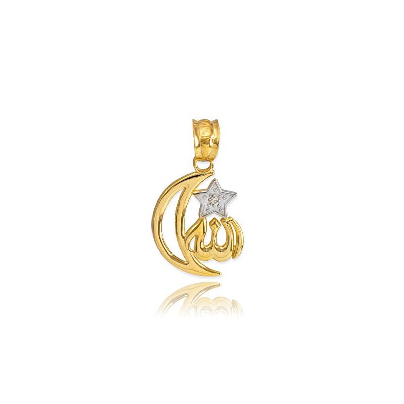 10k Two-Tone Gold Diamond-Accented Islamic Star and Crescent Moon Allah