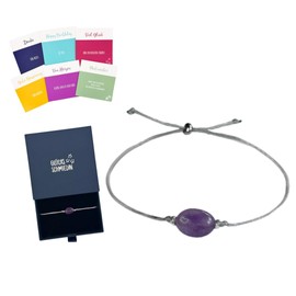 Glücksschmiedin - Amethyst Armband Damen mit Karten-Set, Edelsteinarmband lila mit Silberperlen und edler Geschenkbox mit 6 verschiedenen Glückwunschkarten für jeden Anlass.
