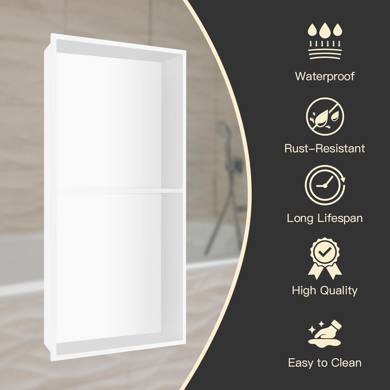 Homevacious 12"×24" Stainless Steel Shower Niche No Tile Needed White