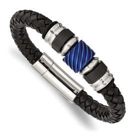 Stainless Steel Brushed/Blk IP Blue IP Blk Rubber Blk Leather Bracelet 8.5"