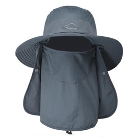 Sombreros de sol para hombres y mujeres, sombrero de pesca UPF 50+ transpirable de ala ancha para verano con protección UV, Gris oscuro (con cubierta facial y solapa para el cuello), 7 1/8-7 7/8
