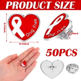 Tondiamo 50 Pcs Red Ribbon Week Pins Bulk Drug Free Pins Health Awareness Drug Free Prevention Heart Brooches for Men Women Teens for School Classroom Educational Activity Party Favor Supplies