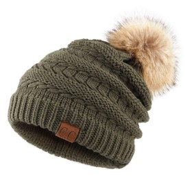 C.C Hatsandscarf Exclusives Unisex Solid Ribbed Knit Beanie with Faux Fur Pom – Classic Winter Hat, Warm & Comfortable (HAT-7392-POM) (A New Olive-Tilted Stitch)