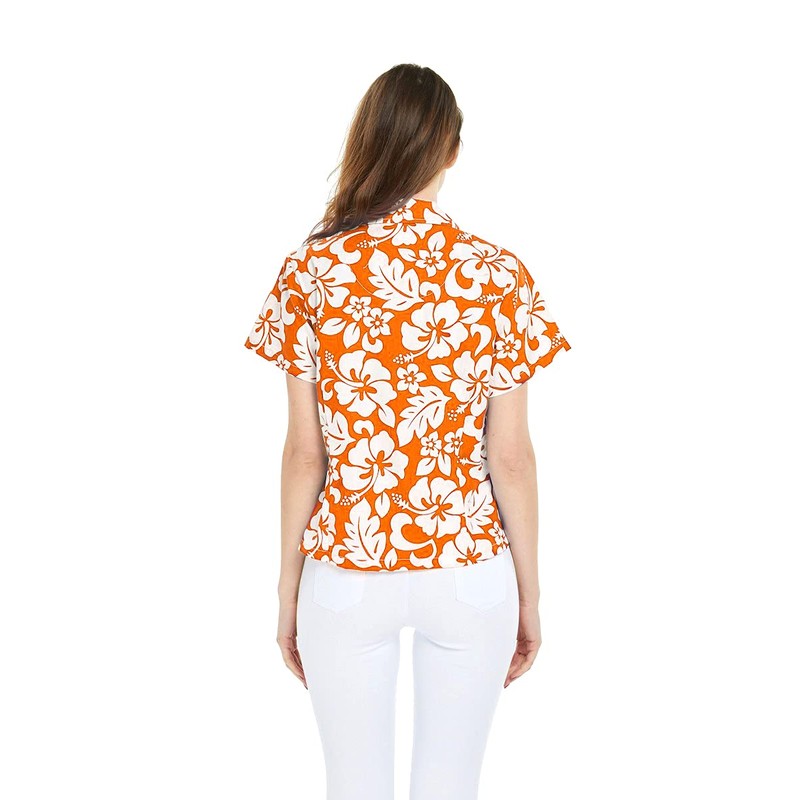 Couple Matching Hawaiian Luau Shirts, Classic Vintage Hibiscus Orange, Women,