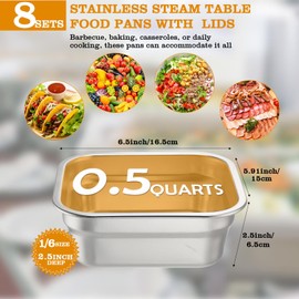 Suttmin Suttmin 8 Pcs 1/6 Size Hotel Steam Table Pans with Lids, Stainless Steel Food Containers and PP Plastic Covers, Anti-Clogging Steamer Pans for Buffet, Catering, Restaurant, and Food Prep (2.5" Deep)