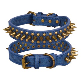 Kawagogo Leather Dog Collar with Sharp Spikes,Protect The Dog's Neck from Bites,Suit Large Medium Dogs (Blue, XL)