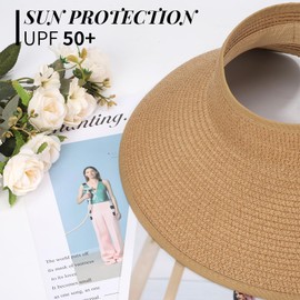 Sun Hats for Women's Sun Visor Wide Brim Straw Beach Hat Ponytail for Women Foldable Floppy
