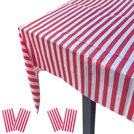 Oojami Pack of 4 Red & White Striped Tablecloths - 54" x 108" - Premium, Reusable, Waterproof Plastic for Parties, Picnics & Events
