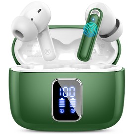 Bluetooth Headphones, Wireless Bluetooth 5.3 In-Ear Headphones with 4 ENC Noise Cancelling Mic, 2025 48H Deep Bass Earphones, LED Display, IP7 Waterproof Wireless Earbuds, LED Display, USB-C, Green