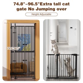 Glaf 74" Extra Tall Cat Gat, 30.31-38.19" Wide Adjustable Cat Door Pressure Mounted Pet Gate with Extra Narrow Gap Auto Close Dog Safety Gate for Doorways, Kitchen,Stairs