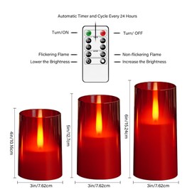 JINYANIA Flameless LED Candles, Upgraded Realistic Flickering Flame Pillar Candles, Battery Operated Candles with Remote Timer, Acrylic Electric Candles Set of 3 (D 3 "xH 4" 5 "6")（Red）