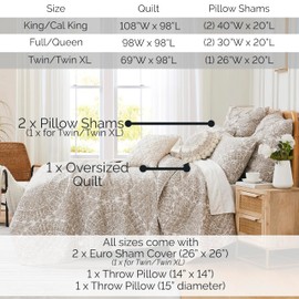 Southshore Fine Living, Inc. Oversized King Quilt Bedding Set 7-Pieces with 2 Pillow Shams, 2 Euro Shams, 2 Throw Pillows, Boho Bedding Set for King and California Size Beds, Beige Paisley on Bone