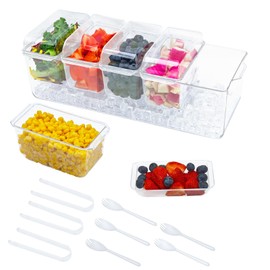 HALAGAS Taco Bar Serving Set for a Party, 5 Removable Compartments, Clear PP Tray, Large Ice Chilled Condiment Caddy Organizer with Components, Taco Bar Supplies for Taco/Nacho Bar, Salad, Fruits