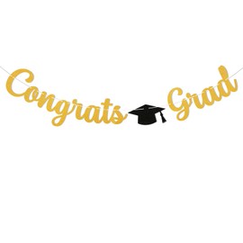 Pre-Strung Congrats Grad Banner - Gold Glitter Graduation Party Banner with Cap, Congratulations Graduate Decor, High School College Graduation Party Decorations (Gold)