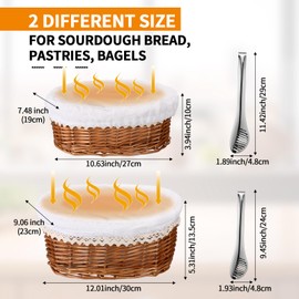 Ziliny 2 Pcs Bread Baskets for Serving with Cloth 2 Size Wicker Baskets with 2 Removable Liners 2 Lids Removable Covers and 2 Kitchen Serving Tongs for Kitchen Sourdough Bread Pantry(Natural)
