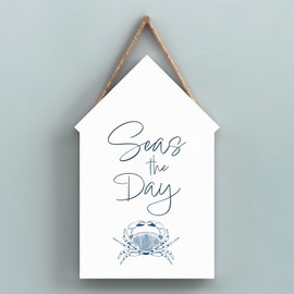 Global Designs Seas The Day Coastal Blue Nautical Sign Wooden Beach Hut Hanging Plaque