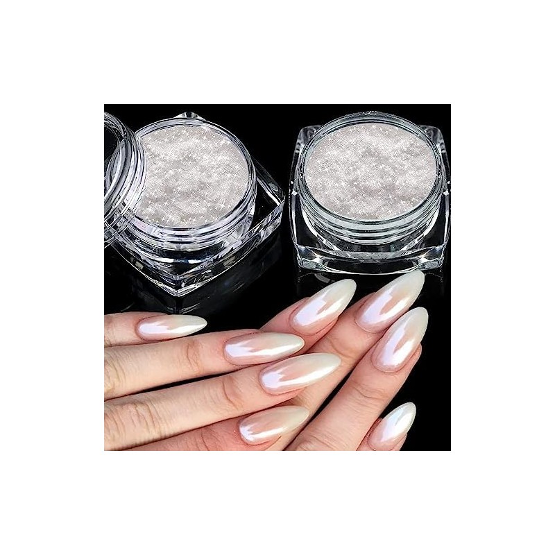 2PCS Cromo Efecto Espejo Uñas Blanco Perla Polvo Uñas Brillo