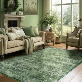 Washable Living Room Rug 5x7 Clearance Dark Non Slip Low Pile Retro Vintage Floor Accent Carpet for Bedroom Indoor Playroom Distressed Print Rugs Lightweight(Dark Green,5x7Ft)