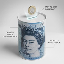 £5 Money Boxes - Bank Note Money Tin Piggy Bank, Savings Tin for Kids, Compact Cash Tin with Note & Coin Slot Opening, Multicolor Coin Bank, Ideal Money Saving Jar for Adults & Juniors. (LARGE)