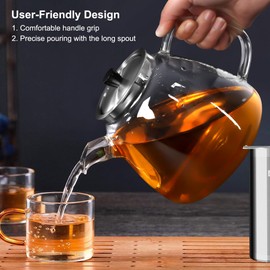 Aquach Glass Teapot with Stainless Steel Tea Infuser - 42 oz/1.2L Capacity, Suitable for Stovetop Use, Easy-Pour Spout, Perfect for Loose Leaf Tea, Flowering Tea, and Tea Bags