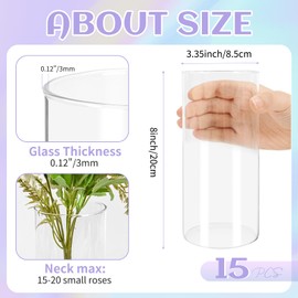 15Pack Glass Cylinder Vases for Centerpieces 8 Inch Tall Clear Flower Vases, Glass Hurricane Candle Holder Wedding Decorations, Modern Floating Candle Vase for Party Home Decor(3.35 x 8 Inch)