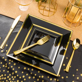 Goodluck 352 Piece Black Dinnerware Set for 50 Guests, Black Square Plastic Plates with Gold Trim, Include: 100 Black Plastic Plates, 50 Rolled Napkins, 50 Cups, 50 Cutlery Set and 2 Tablecloth
