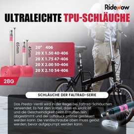 RideNow Folding Bike Inner Tube TPU Bicycle Inner Tube 2 Pack 28 g 20 Inch (406 mm) Tubes, Ultralight Inner Tube with Presta Valve 45 mm/65 mm